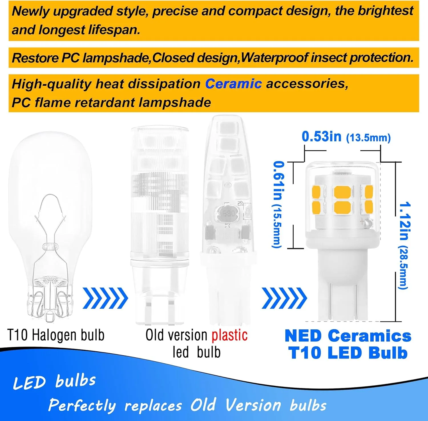 T5 T10 LED Wedge Base Bulbs, 2700K Warm White 2 Watts Equivalent 11W 18W Incandecent Bulbs, AC/DC 12-24V Low Voltage Replacement for Landscape Path Deck Garden RV Camper Lights, 6 Pack