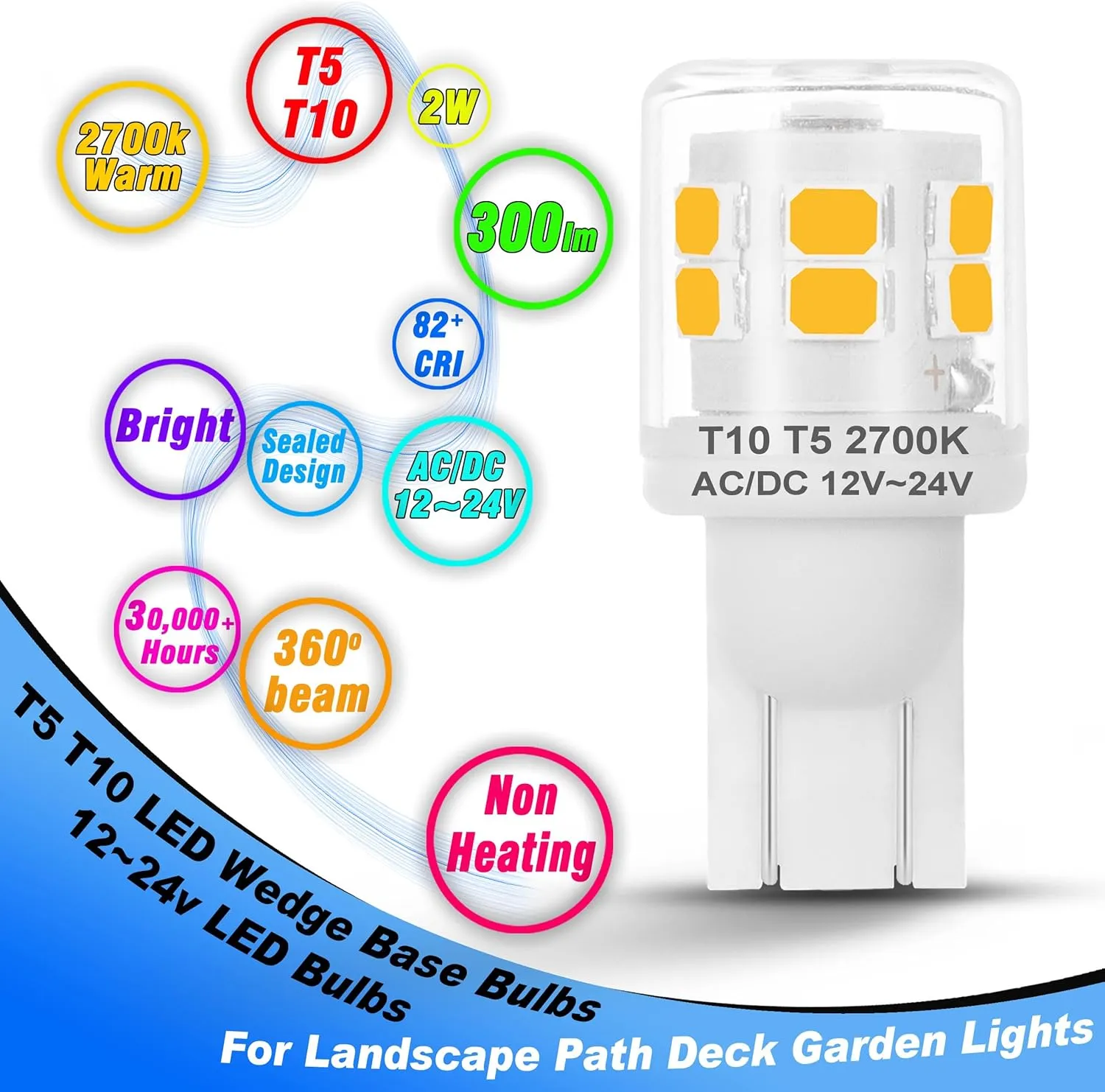 T5 T10 LED Wedge Base Bulbs, 2700K Warm White 2 Watts Equivalent 11W 18W Incandecent Bulbs, AC/DC 12-24V Low Voltage Replacement for Landscape Path Deck Garden RV Camper Lights, 6 Pack