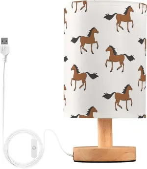 Table Lamp Brown Horse Pattern Nightstand Lamp with Wood Base Fabric Lamp Shade Bedside Desk Lamp for Living Room Bedroom Kids Room Office