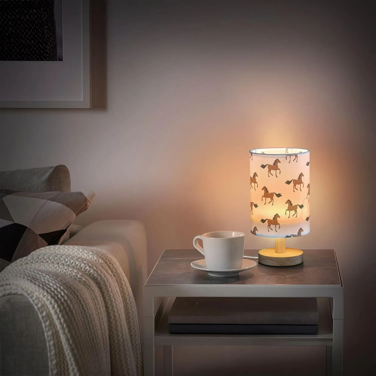 Table Lamp Brown Horse Pattern Nightstand Lamp with Wood Base Fabric Lamp Shade Bedside Desk Lamp for Living Room Bedroom Kids Room Office