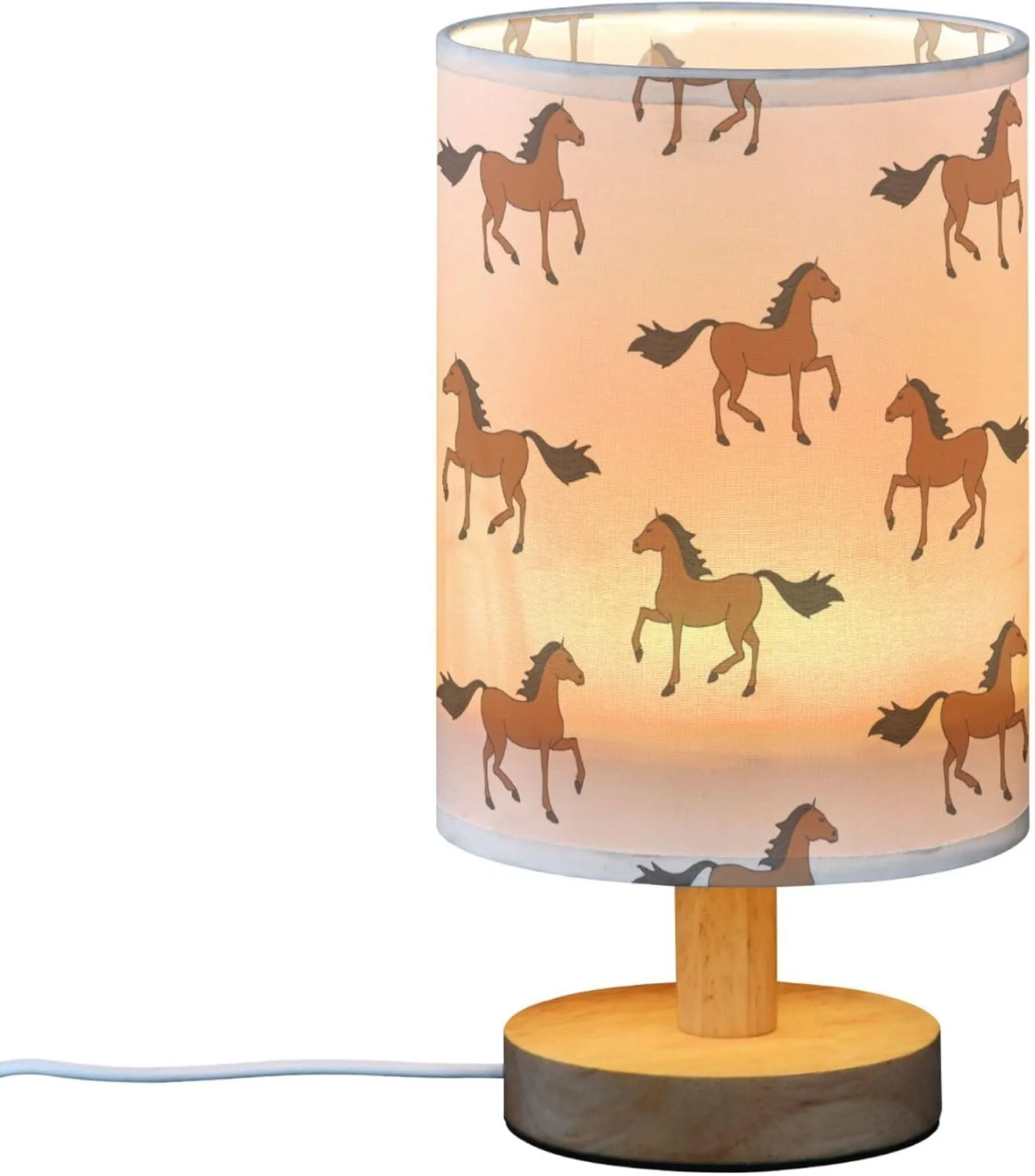Table Lamp Brown Horse Pattern Nightstand Lamp with Wood Base Fabric Lamp Shade Bedside Desk Lamp for Living Room Bedroom Kids Room Office