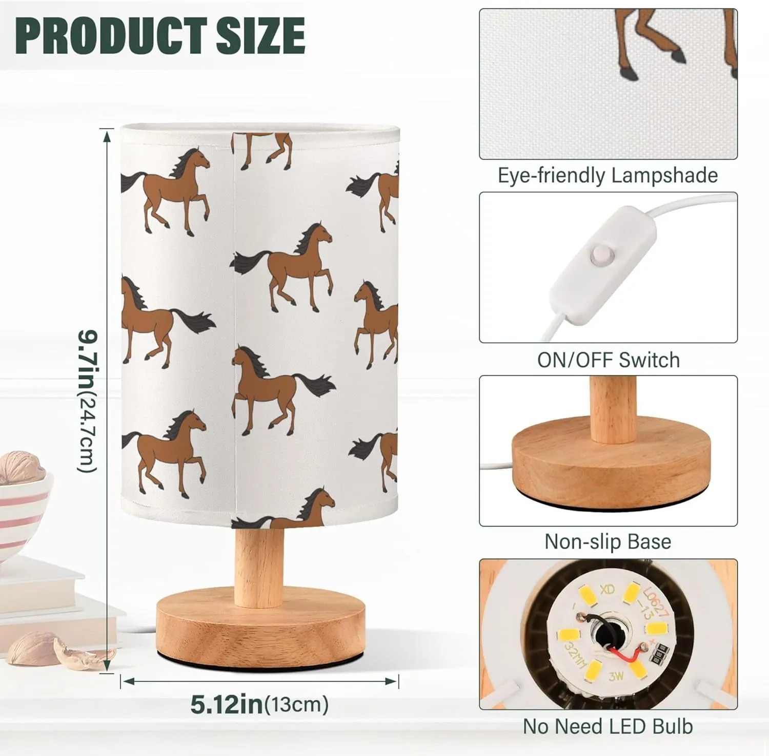 Table Lamp Brown Horse Pattern Nightstand Lamp with Wood Base Fabric Lamp Shade Bedside Desk Lamp for Living Room Bedroom Kids Room Office