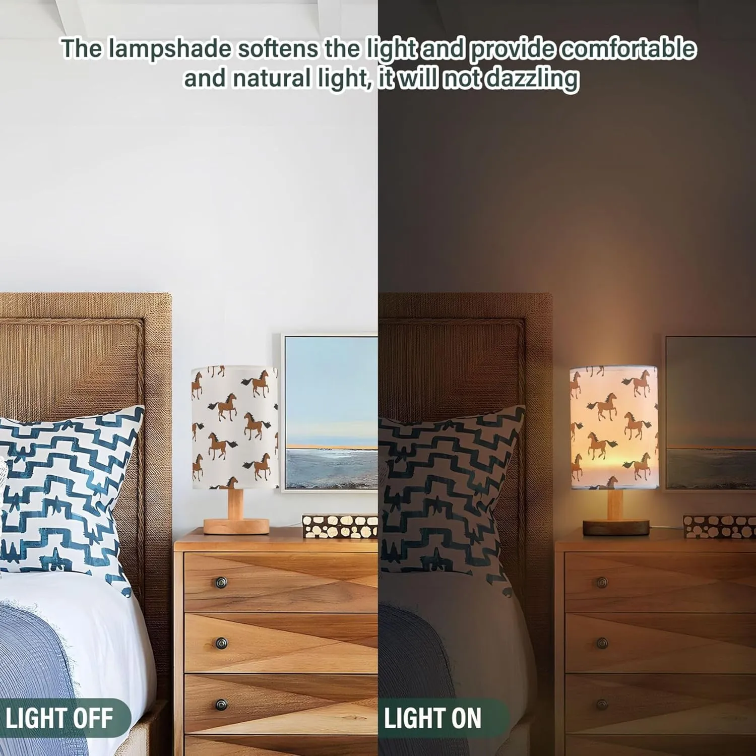 Table Lamp Brown Horse Pattern Nightstand Lamp with Wood Base Fabric Lamp Shade Bedside Desk Lamp for Living Room Bedroom Kids Room Office