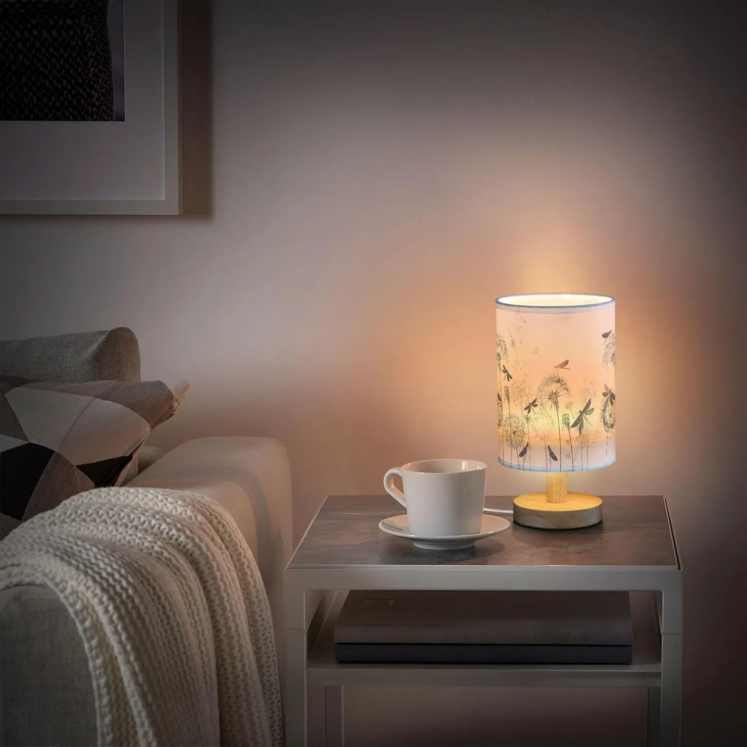 Table Lamp Elegant Dandelion Dragonfly Nightstand Lamp with Wood Base Fabric Lamp Shade Bedside Desk Lamp for Living Room Bedroom Kids Room Office