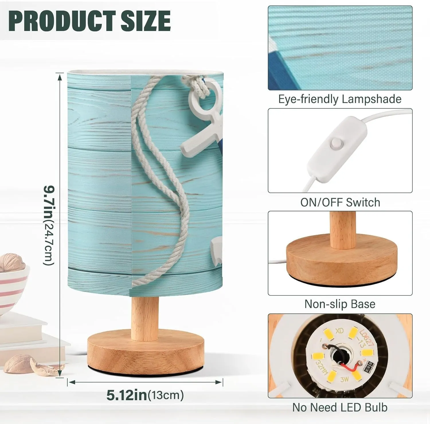 Table Lamp Nautical Anchor with Rope Turquoise Blue Grunge Wooden Nightstand Lamp with Wood Base Fabric Lamp Shade Bedside Desk Lamp for Living Room Bedroom Kids Room Office