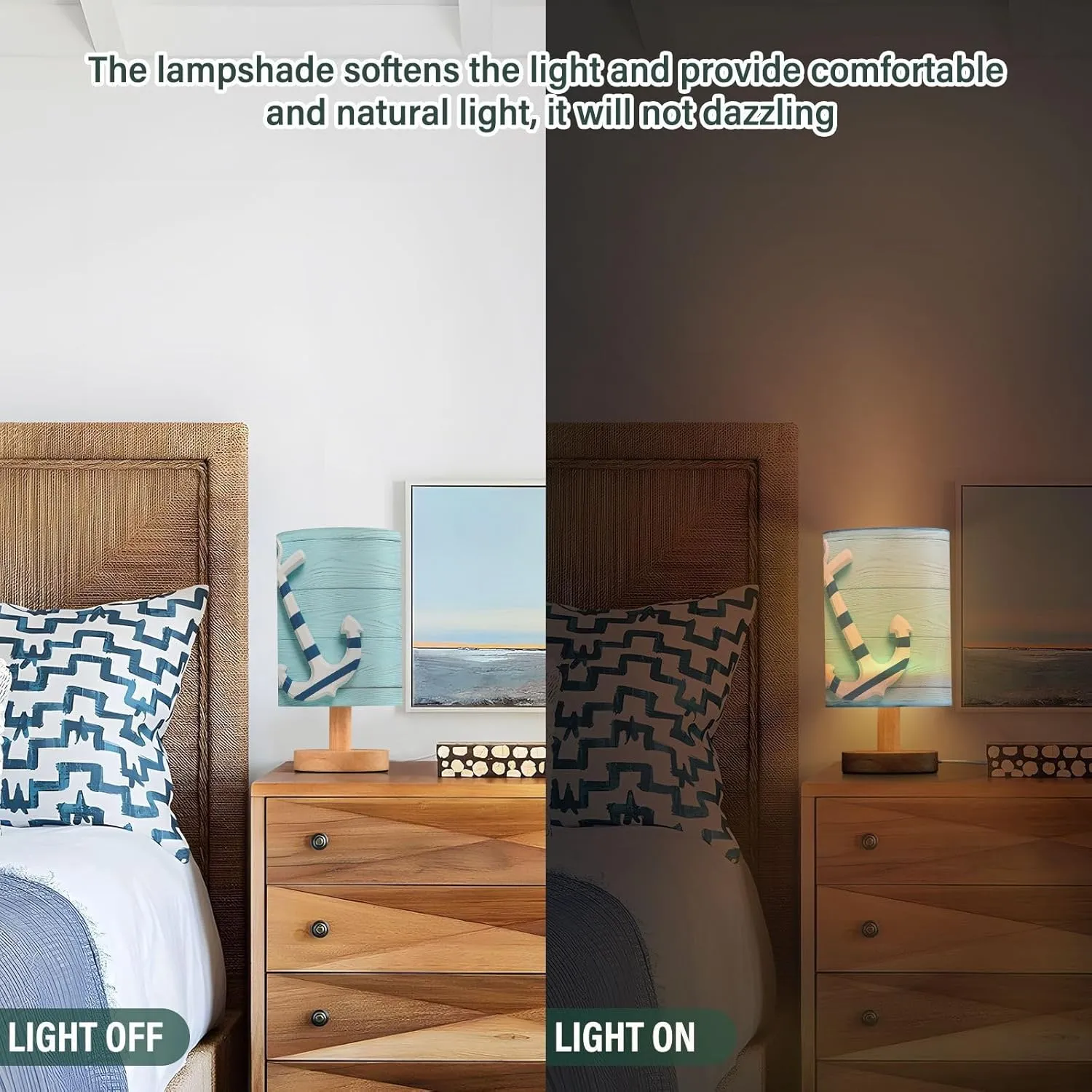 Table Lamp Nautical Anchor with Rope Turquoise Blue Grunge Wooden Nightstand Lamp with Wood Base Fabric Lamp Shade Bedside Desk Lamp for Living Room Bedroom Kids Room Office