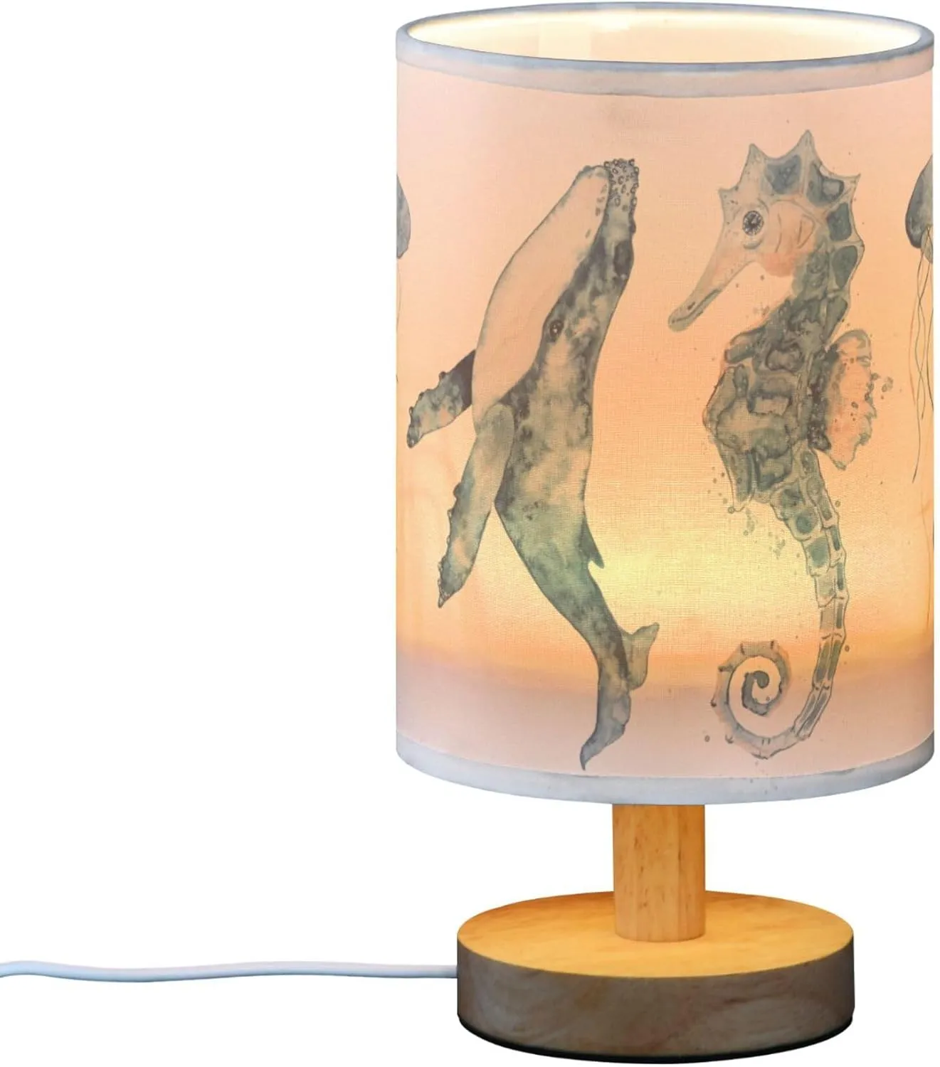 Table Lamp Watercolor Ocean Fish Jellyfish Whale Seahorse Blue Sea Life Animal Nightstand Lamp with Wood Base Fabric Lamp Shade Bedside Desk Lamp for Living Room Bedroom Kids Room Office
