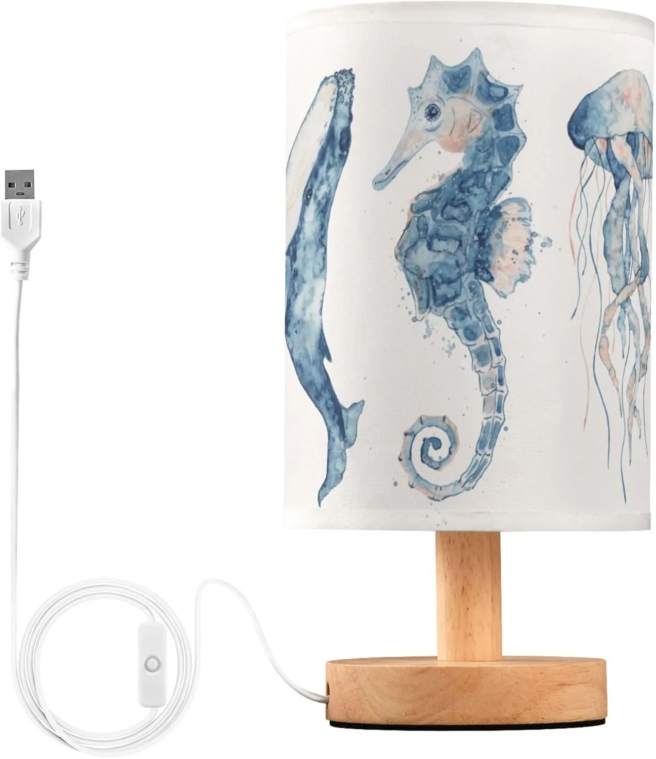 Table Lamp Watercolor Ocean Fish Jellyfish Whale Seahorse Blue Sea Life Animal Nightstand Lamp with Wood Base Fabric Lamp Shade Bedside Desk Lamp for Living Room Bedroom Kids Room Office