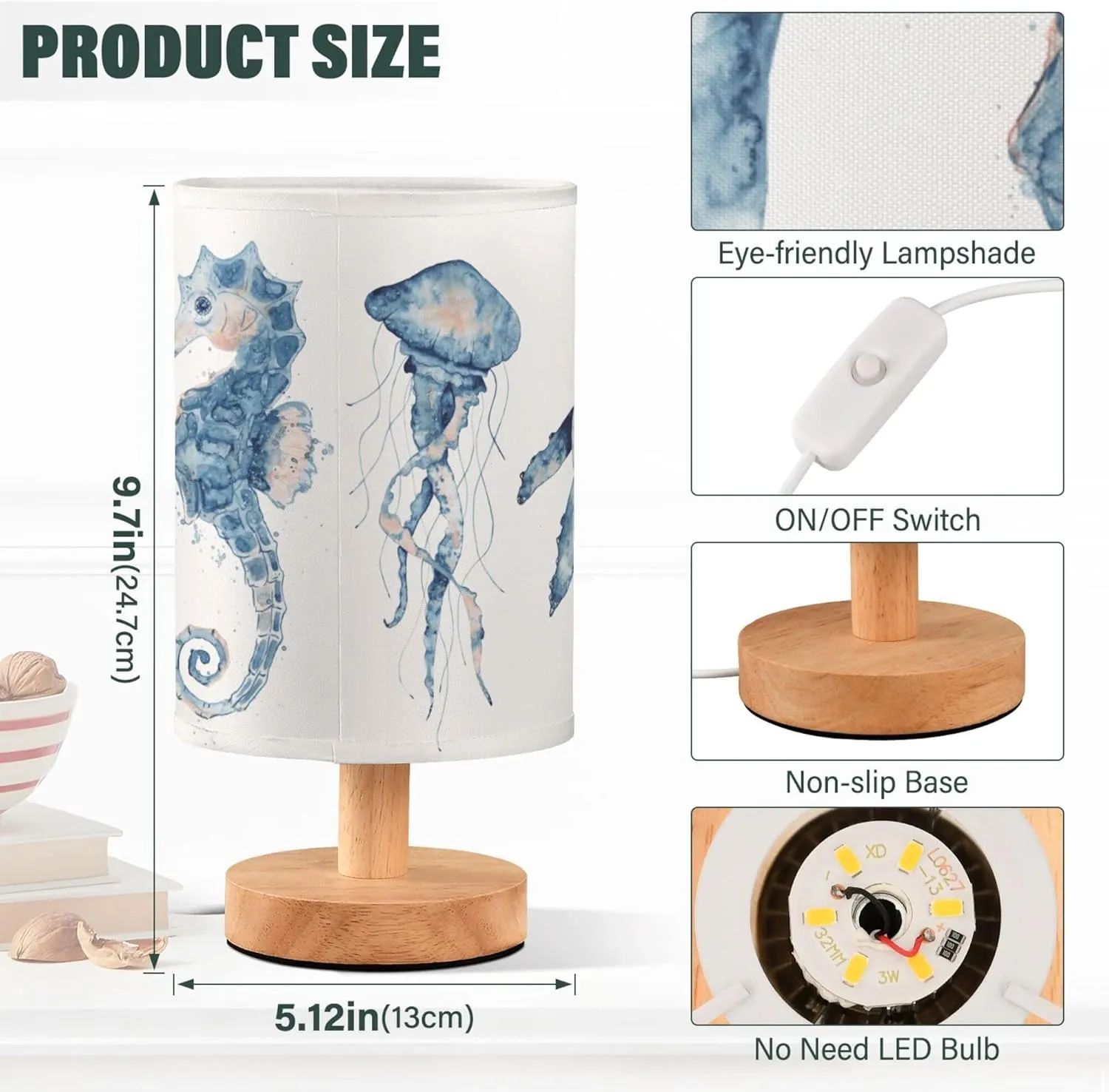 Table Lamp Watercolor Ocean Fish Jellyfish Whale Seahorse Blue Sea Life Animal Nightstand Lamp with Wood Base Fabric Lamp Shade Bedside Desk Lamp for Living Room Bedroom Kids Room Office