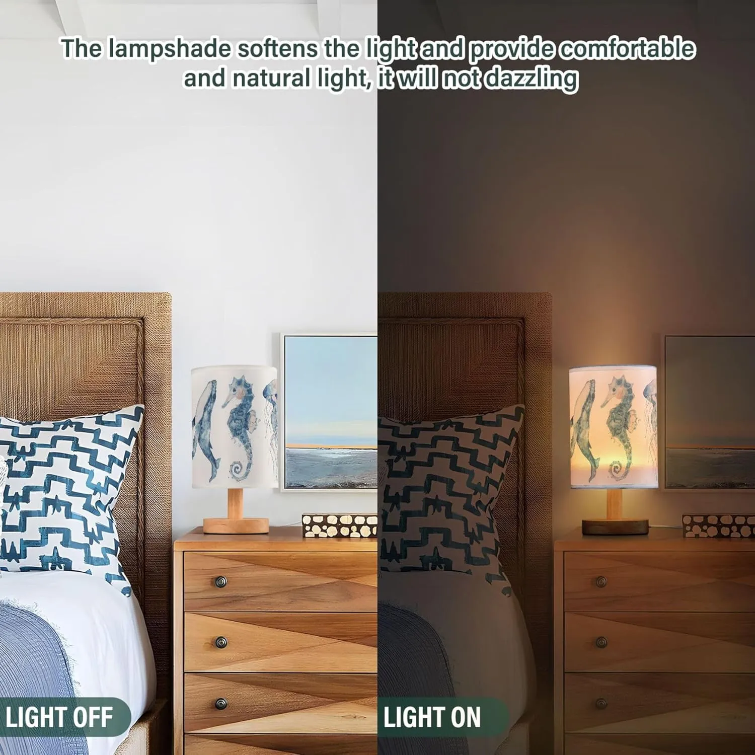 Table Lamp Watercolor Ocean Fish Jellyfish Whale Seahorse Blue Sea Life Animal Nightstand Lamp with Wood Base Fabric Lamp Shade Bedside Desk Lamp for Living Room Bedroom Kids Room Office