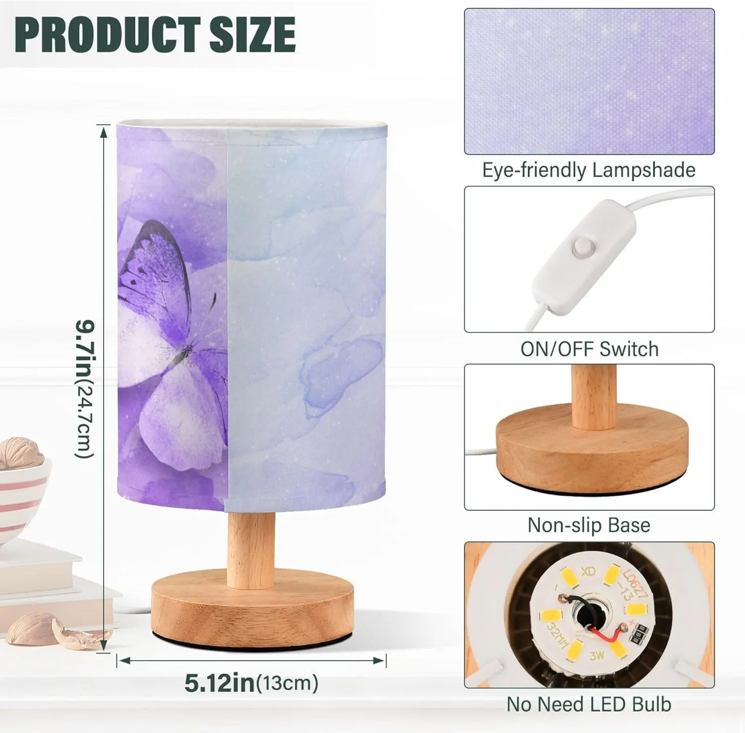 Table Lamp Watercolor Purple Butterfly Galaxy Nightstand Lamp with Wood Base Fabric Lamp Shade Bedside Desk Lamp for Living Room Bedroom Kids Room Office