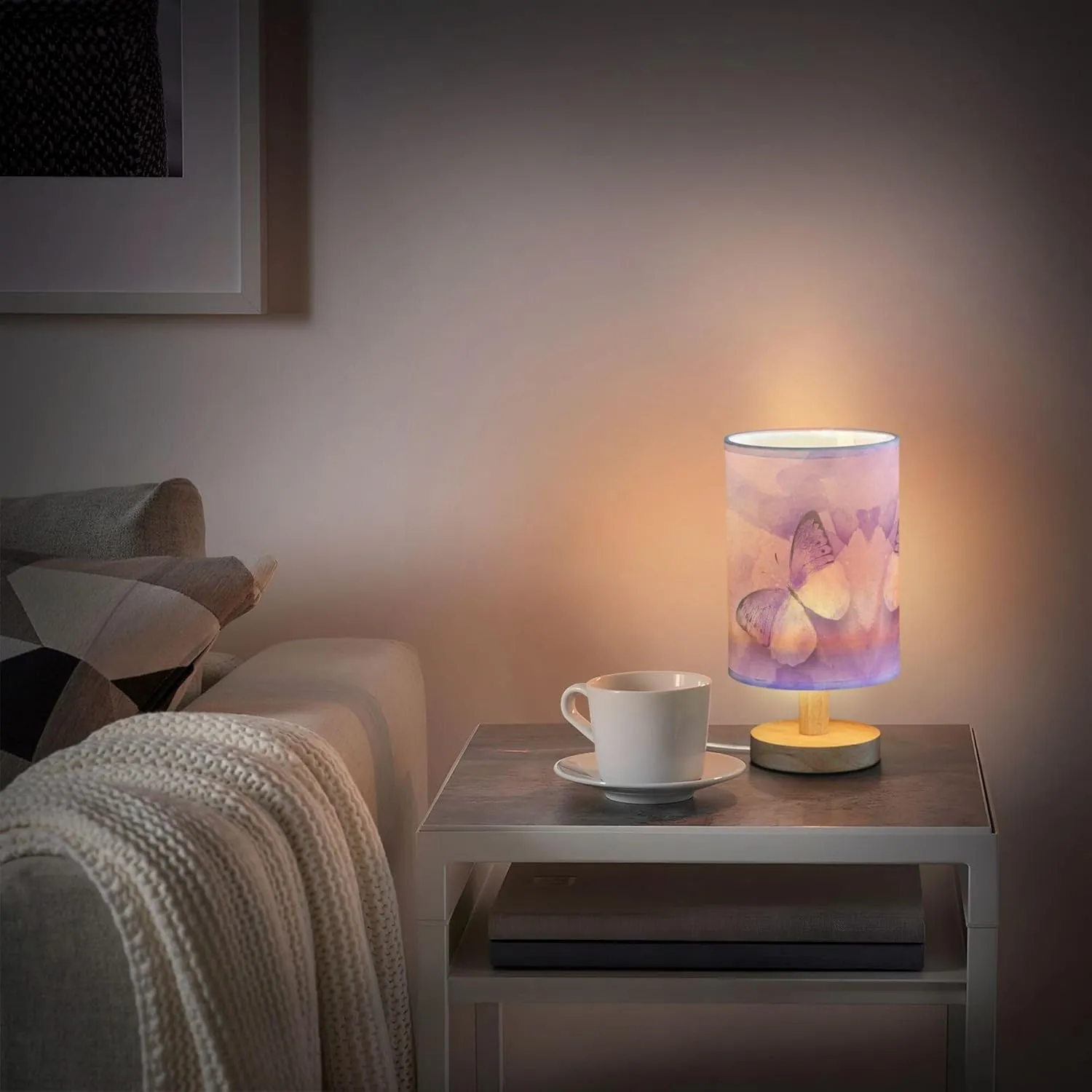 Table Lamp Watercolor Purple Butterfly Galaxy Nightstand Lamp with Wood Base Fabric Lamp Shade Bedside Desk Lamp for Living Room Bedroom Kids Room Office