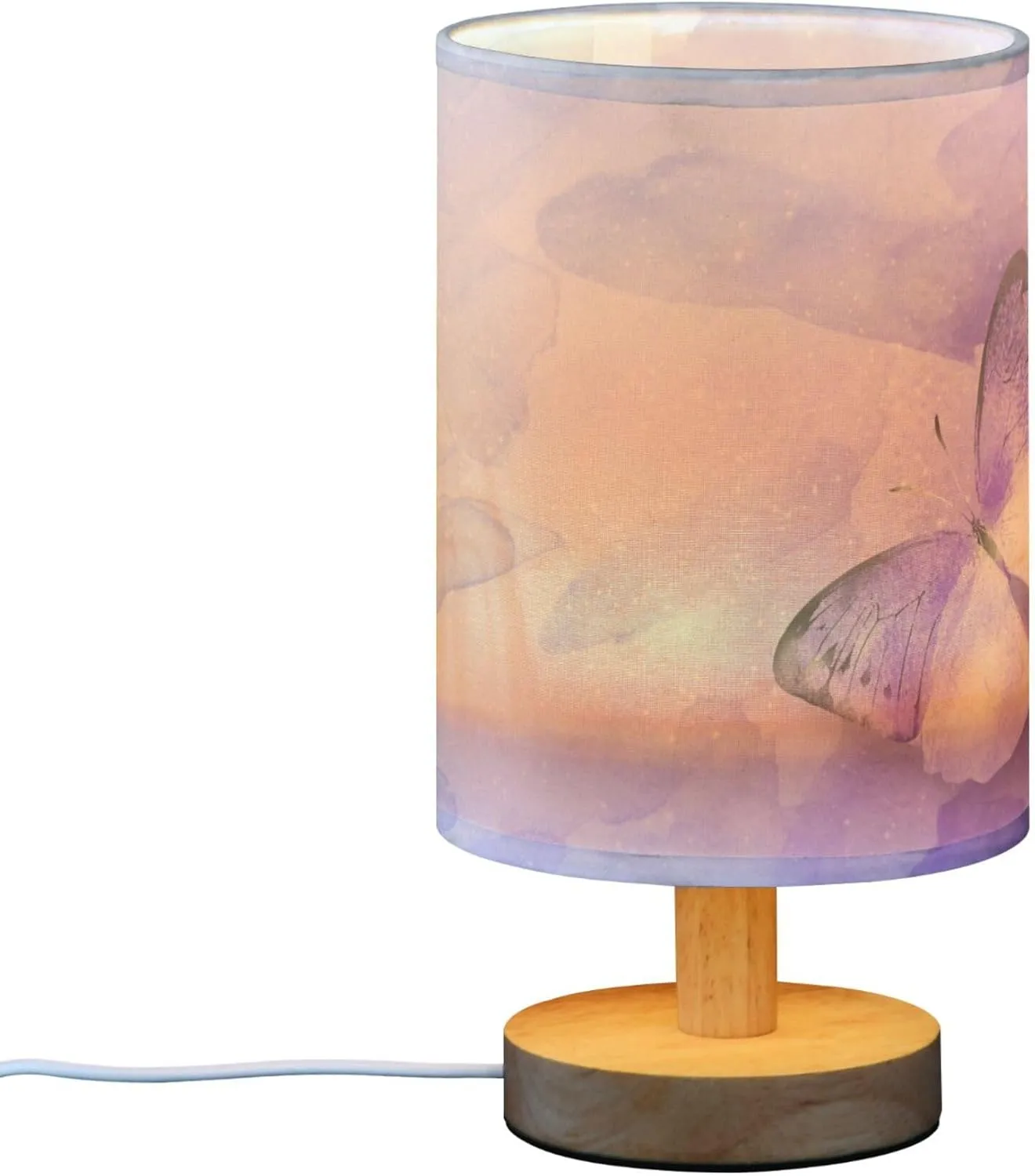 Table Lamp Watercolor Purple Butterfly Galaxy Nightstand Lamp with Wood Base Fabric Lamp Shade Bedside Desk Lamp for Living Room Bedroom Kids Room Office