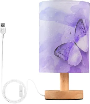 Table Lamp Watercolor Purple Butterfly Galaxy Nightstand Lamp with Wood Base Fabric Lamp Shade Bedside Desk Lamp for Living Room Bedroom Kids Room Office