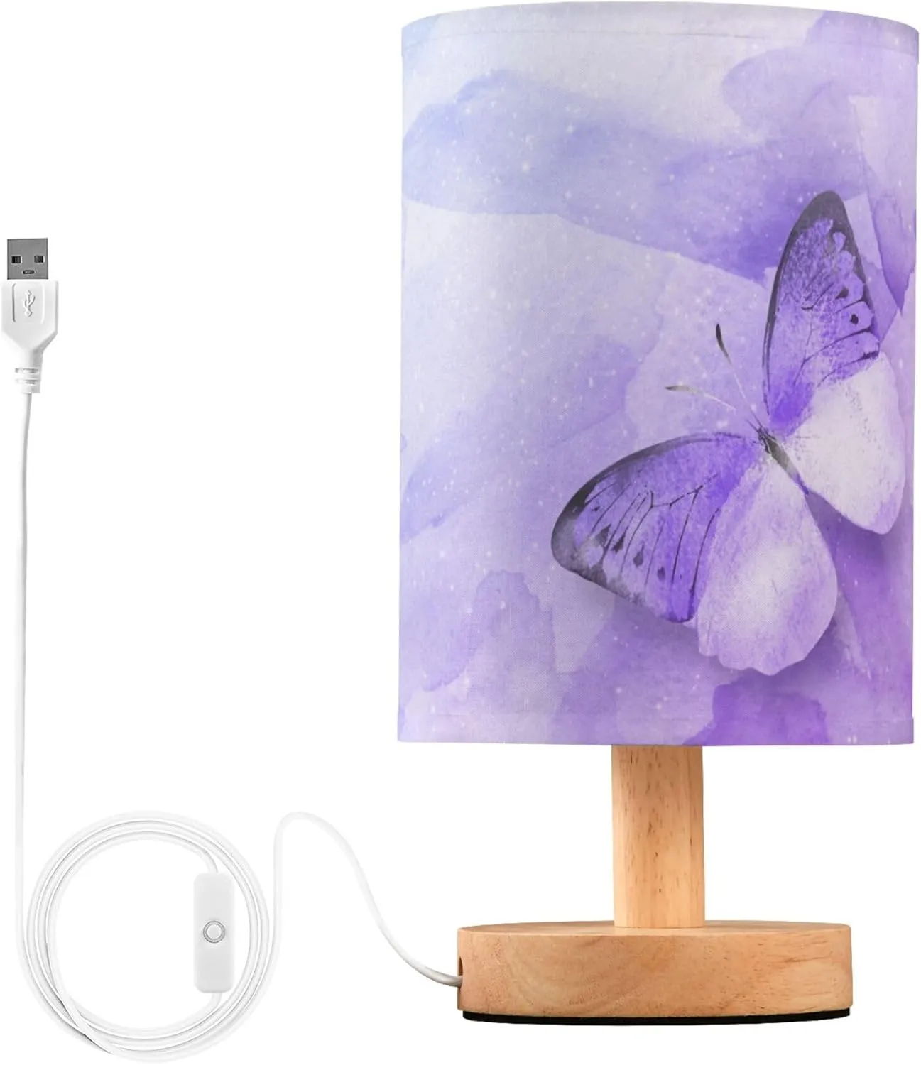 Table Lamp Watercolor Purple Butterfly Galaxy Nightstand Lamp with Wood Base Fabric Lamp Shade Bedside Desk Lamp for Living Room Bedroom Kids Room Office