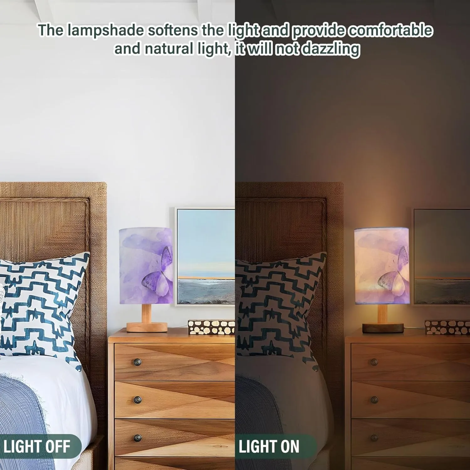 Table Lamp Watercolor Purple Butterfly Galaxy Nightstand Lamp with Wood Base Fabric Lamp Shade Bedside Desk Lamp for Living Room Bedroom Kids Room Office
