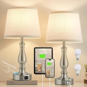 Table Lamps for Bedrooms Set of 2 - Touch Bedside Lamps with USB C A Ports, 3 Way Dimmable White Nightstand Lamps for End Tables, Farmhouse Night Stand Lamps for Living Room Bed Side Guest Room