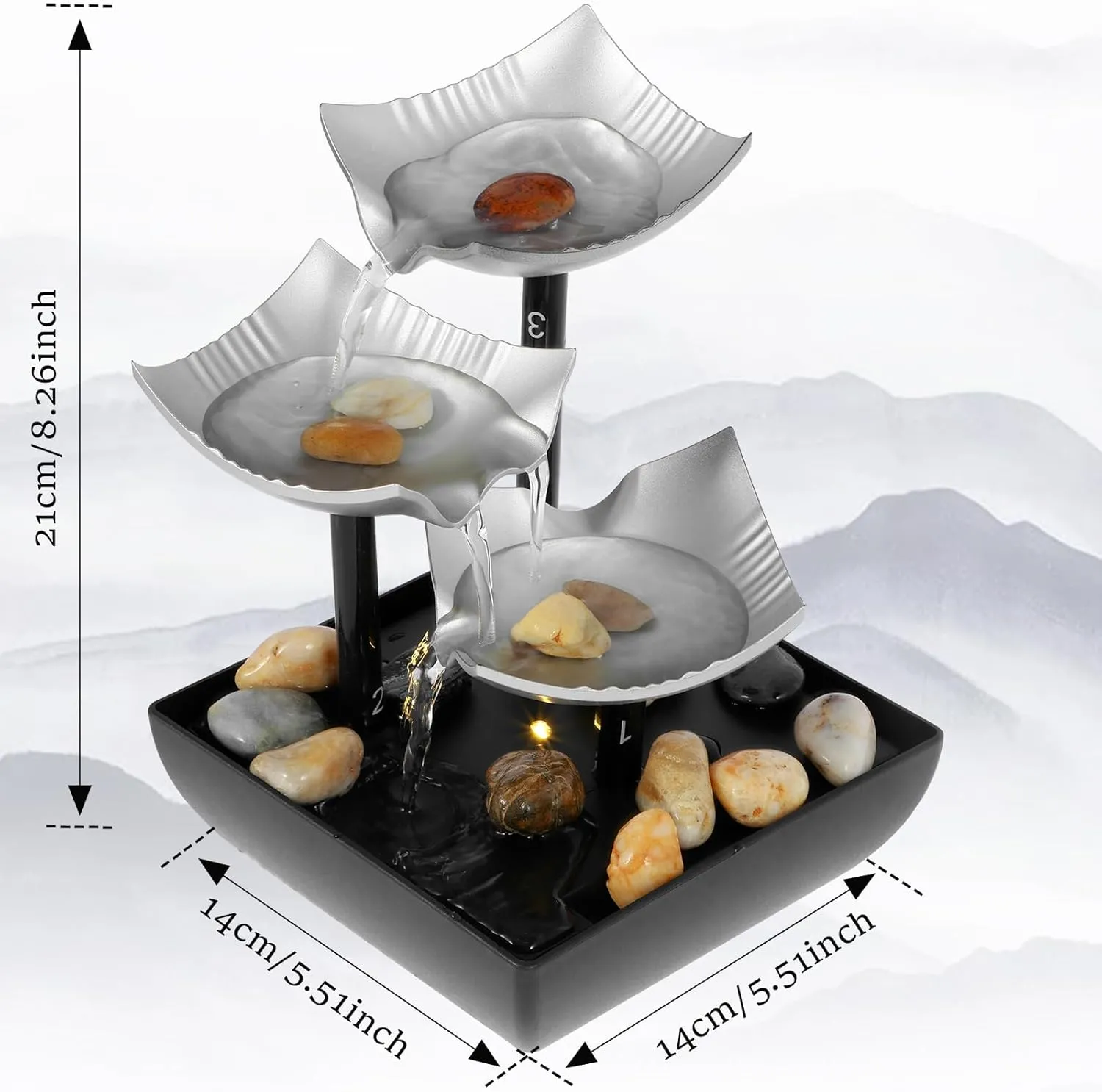 Tabletop Water Fountain with LED Light & Pebbles, Small Meditation Waterfall Fountain for Desk, Office, Home & Bedroom, USB Powered Relaxing Sound Ornament for Stress Relief & Ambiance
