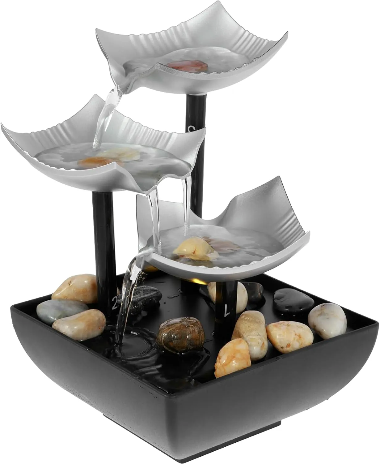 Tabletop Water Fountain with LED Light & Pebbles, Small Meditation Waterfall Fountain for Desk, Office, Home & Bedroom, USB Powered Relaxing Sound Ornament for Stress Relief & Ambiance