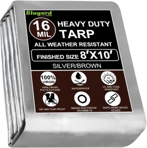 Tarp Waterproof 8x10 Ft Heavy Duty Tarp Thicker 16 Mil Large Tarps with Brass Grommets and Reinforced Edges, UV&Fade Resistant Tear Resistant Plastic Tarp for Outdoor Camping Roof Pool Tent
