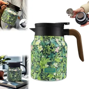 Tea Thermos With Infuser,2025 Vintage Floral Tea Thermos,Tea Pot With Infusers For Loose Tea,For Green Tea, Coffee, And Home Or Office Use,1000ml Green Tea Pot With Wooden Handle