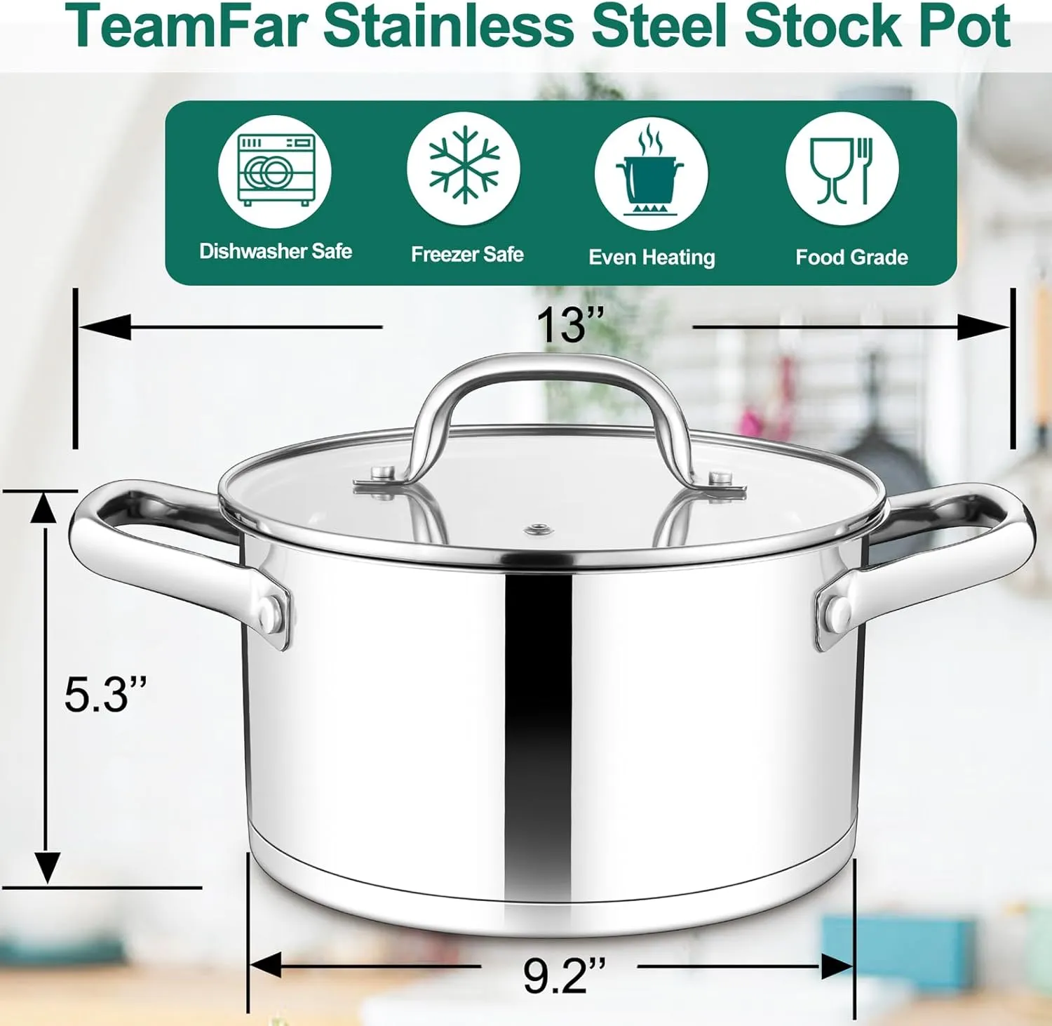 TeamFar 5 QT Stock Pot, Tri-ply Bottom Stainless Steel Stockpot Cooking Soup Pasta Pot with Lid for Gas/Induction/Electric Stoves, Non-toxic & Heavy Duty, Double Handles & Dishwasher Safe