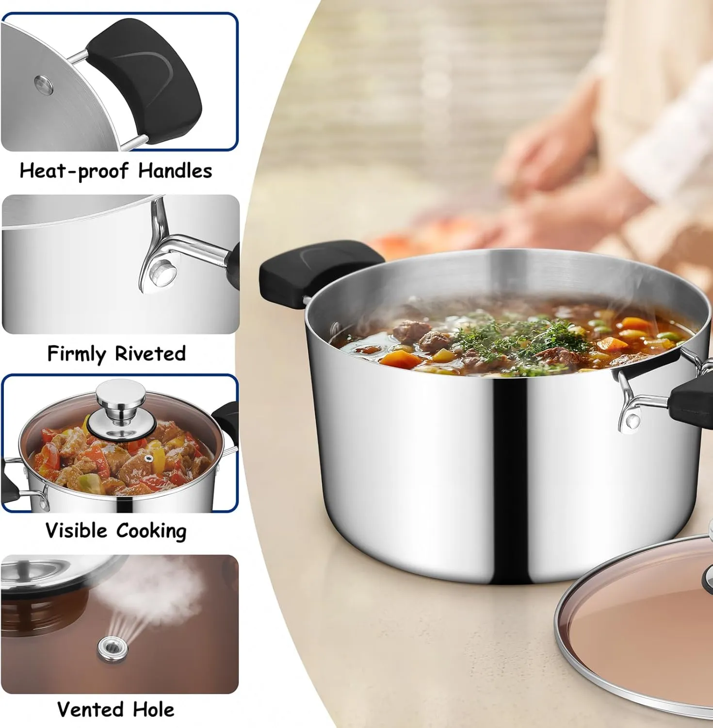 TeamFar 5 Quart Stock Pot, Stainless Steel Tri-ply Stockpot Cooking Pasta Soup Pot with Lid for Induction Gas Electric, Non-toxic & Heavy Duty, Heat Resistant Handles & Dishwasher Safe