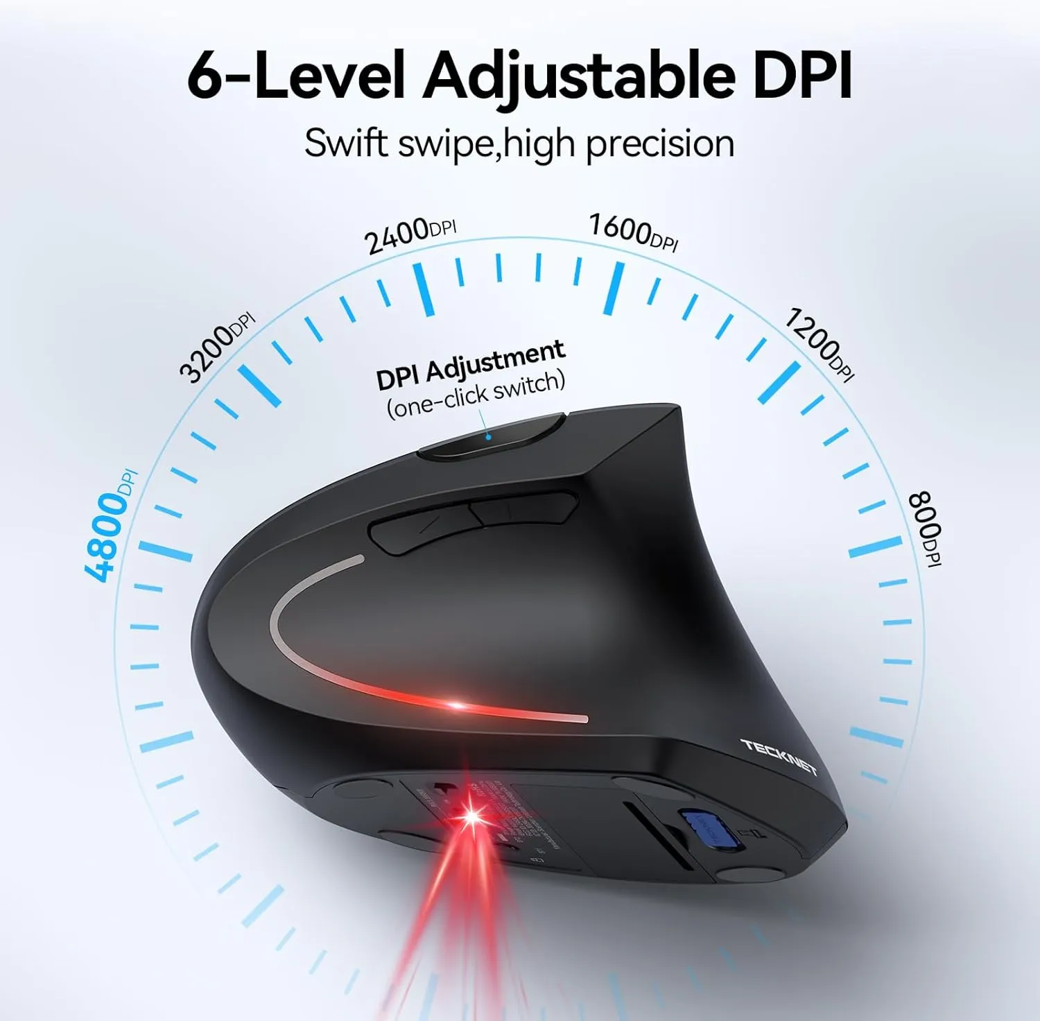 TECKNET Ergonomic Mouse, Wireless Bluetooth Vertical Mouse, 4800 DPI Optical Tracking, 6 Adjustable DPI, Quiet Clicks, 2.4GHz with USB A Receiver, 6 Buttons, Wide Compatibility - Black