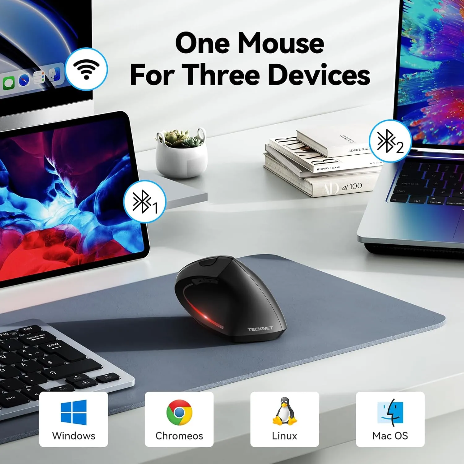 TECKNET Ergonomic Mouse, Wireless Bluetooth Vertical Mouse, 4800 DPI Optical Tracking, 6 Adjustable DPI, Quiet Clicks, 2.4GHz with USB A Receiver, 6 Buttons, Wide Compatibility - Black