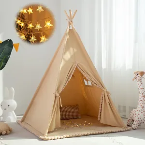 Teepee Tent with Padded Mat for Kids, Pompom Play Tent with Bunting Banner Fairy Lights for Child, Play House Tipi for Toddler, Boys and Girls Room Decor, Khaki