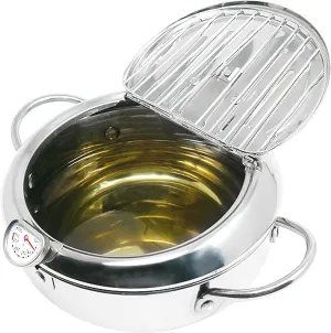 Tempura Deep Frying Pot 3.4L, 304 Stainless Steel Deep Fryer pot with Fahrenheit Thermometer and Oil Draining Rack for Tempura chips, Fish, and Chicken