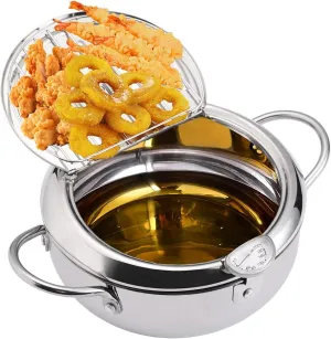 Tempura Fry Pot, Stainless Steel Tempura Deep Fryer with Thermometer, 8 Inches, Mini Size Perfect for 2-3 People