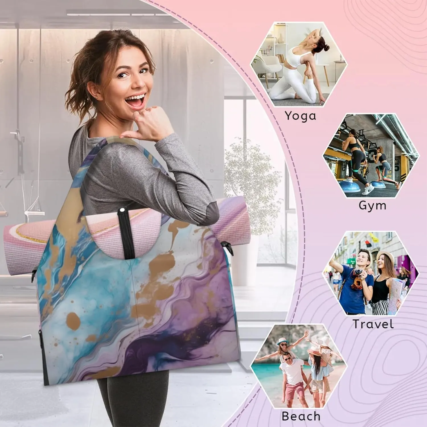 Texture Marble Paper Gym Bag Yoga Mat Tote for Women with Shoes Compartment Lightweight Duffle Travel Carrier Wet Dry Storage Pockets Adjustable Pilates Mats Shoulder Bags for Sport Swim