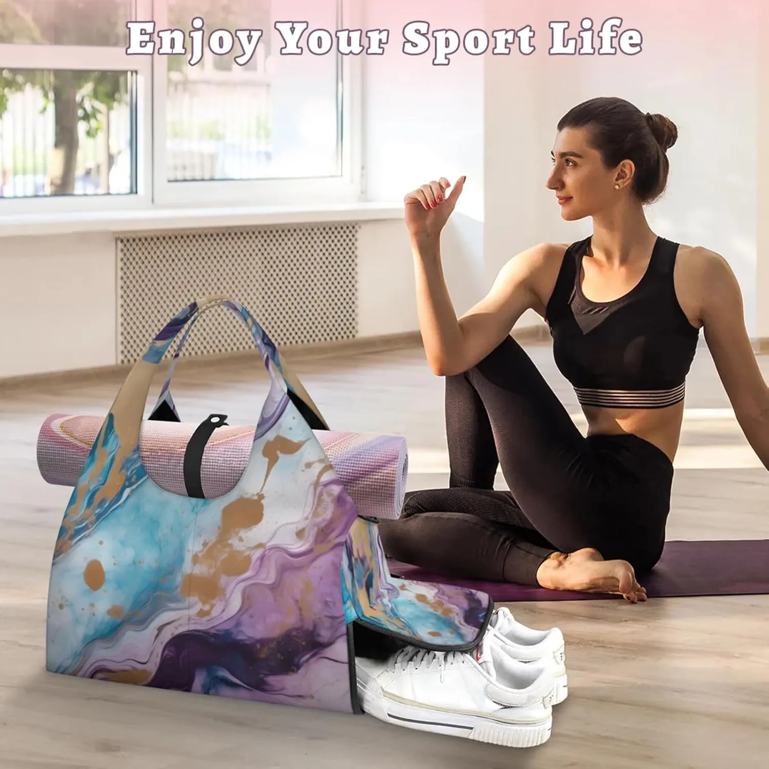 Texture Marble Paper Gym Bag Yoga Mat Tote for Women with Shoes Compartment Lightweight Duffle Travel Carrier Wet Dry Storage Pockets Adjustable Pilates Mats Shoulder Bags for Sport Swim