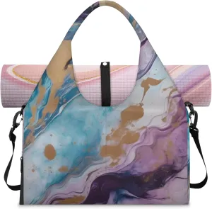 Texture Marble Paper Gym Bag Yoga Mat Tote for Women with Shoes Compartment Lightweight Duffle Travel Carrier Wet Dry Storage Pockets Adjustable Pilates Mats Shoulder Bags for Sport Swim