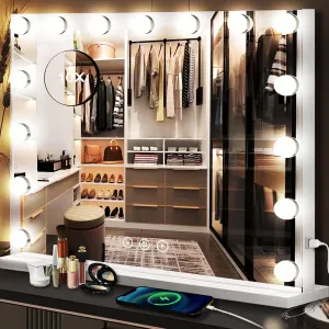 THEKLA Hollywood Makeup Vanity Mirror with Lights Dimmable 3 Color 15 Bulbs Hollywood Vanity Lighted Mirror for Bedroom Wall Detachable Base Stand X10 Magnifying Vanity Makeup Desk Table Mirror