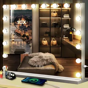 THEKLA Hollywood Makeup Vanity Mirror with Lights Dimming 3 Color 18 Bulbs 24 x 32 Inch Large Vanity Lighted Mirror for Bedroom Wall Mounted Stand Vanity Makeup Desk Table Mirror with X10 Magnifier