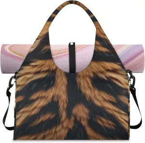 Tiger Fur Pattern Gym Bag Yoga Mat Tote for Women with Shoes Compartment Lightweight Duffle Travel Carrier Wet Dry Storage Pockets Adjustable Pilates Mats Shoulder Bags for Sport Swim