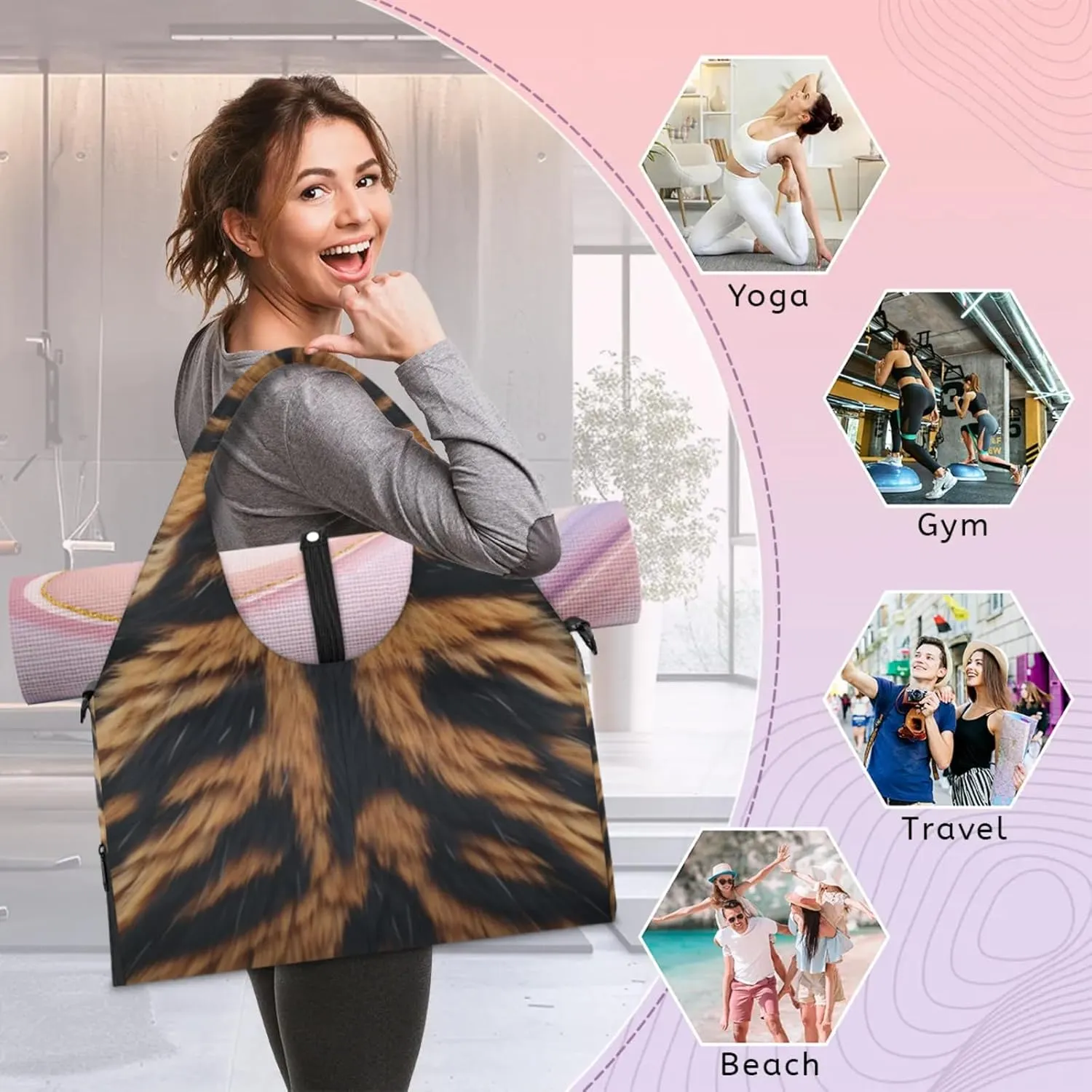 Tiger Fur Pattern Gym Bag Yoga Mat Tote for Women with Shoes Compartment Lightweight Duffle Travel Carrier Wet Dry Storage Pockets Adjustable Pilates Mats Shoulder Bags for Sport Swim