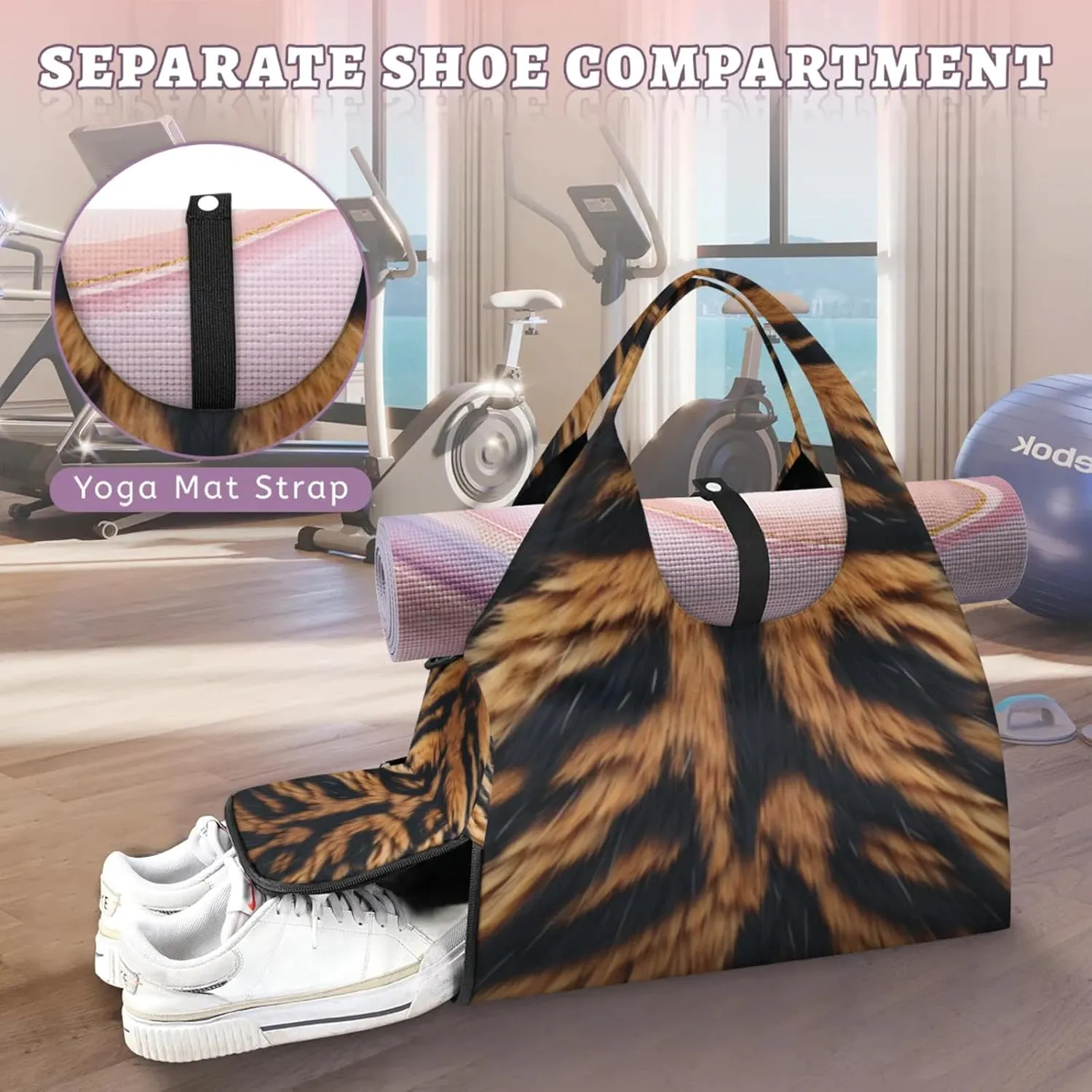 Tiger Fur Pattern Gym Bag Yoga Mat Tote for Women with Shoes Compartment Lightweight Duffle Travel Carrier Wet Dry Storage Pockets Adjustable Pilates Mats Shoulder Bags for Sport Swim