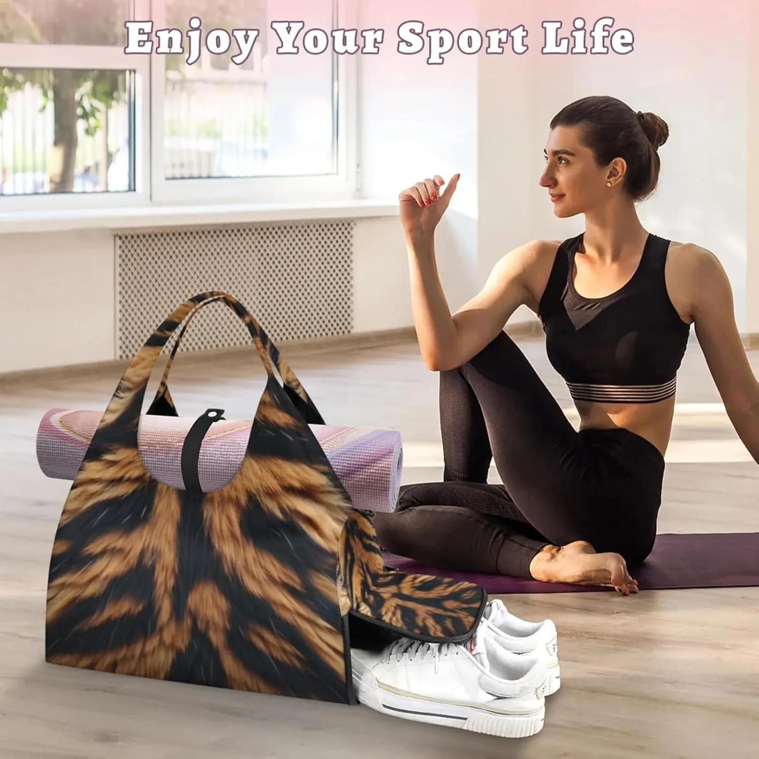 Tiger Fur Pattern Gym Bag Yoga Mat Tote for Women with Shoes Compartment Lightweight Duffle Travel Carrier Wet Dry Storage Pockets Adjustable Pilates Mats Shoulder Bags for Sport Swim
