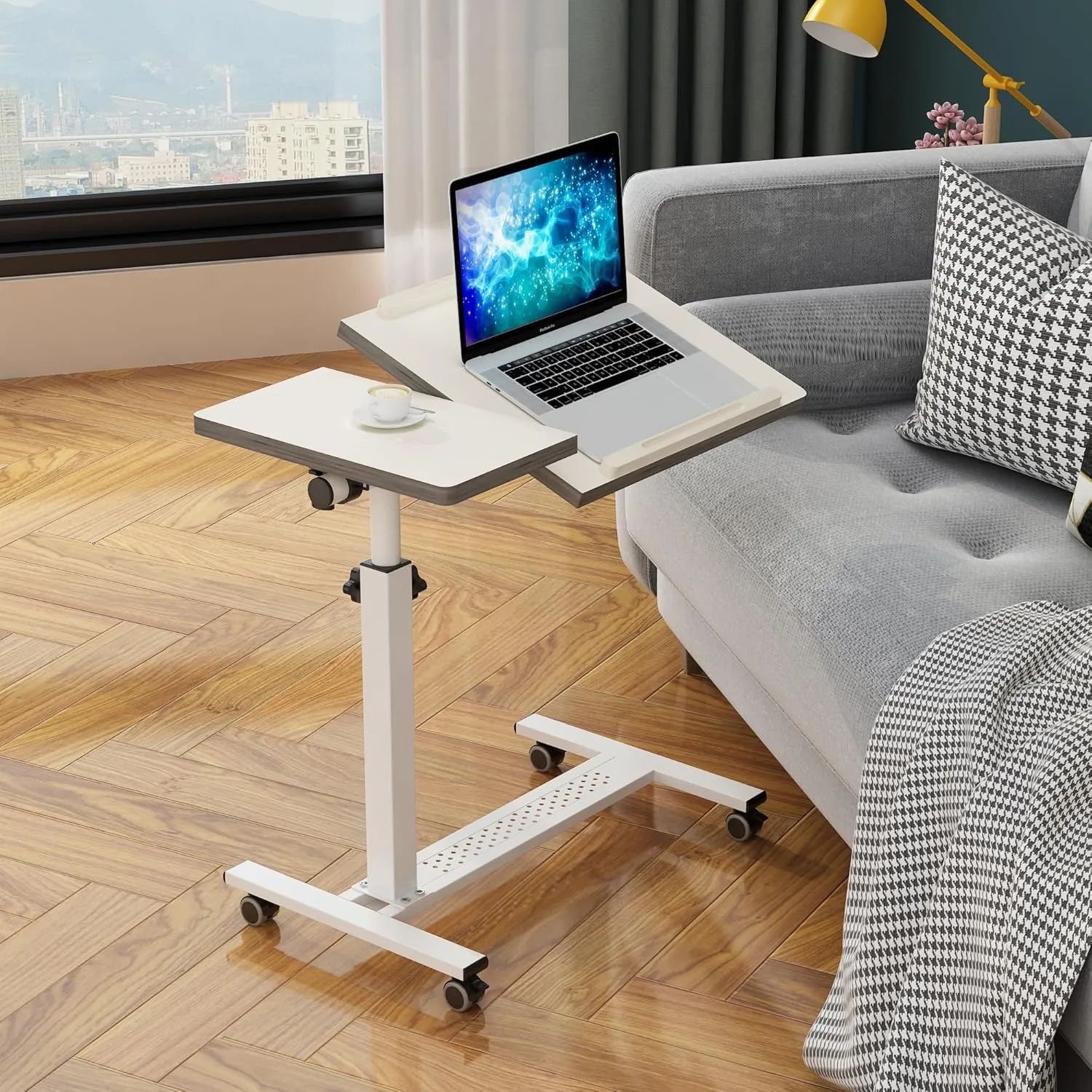 TigerDad Over Bed Table with Wheels Adjustable | Rolling Laptop Table Overbed Desk Hospital Tray Table Sofa Chair Side Table for Home Office (White)