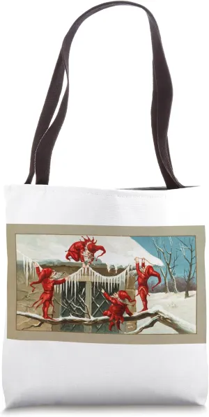 Tiny vintage elves hanging up the winter icicle decorations Tote Bag