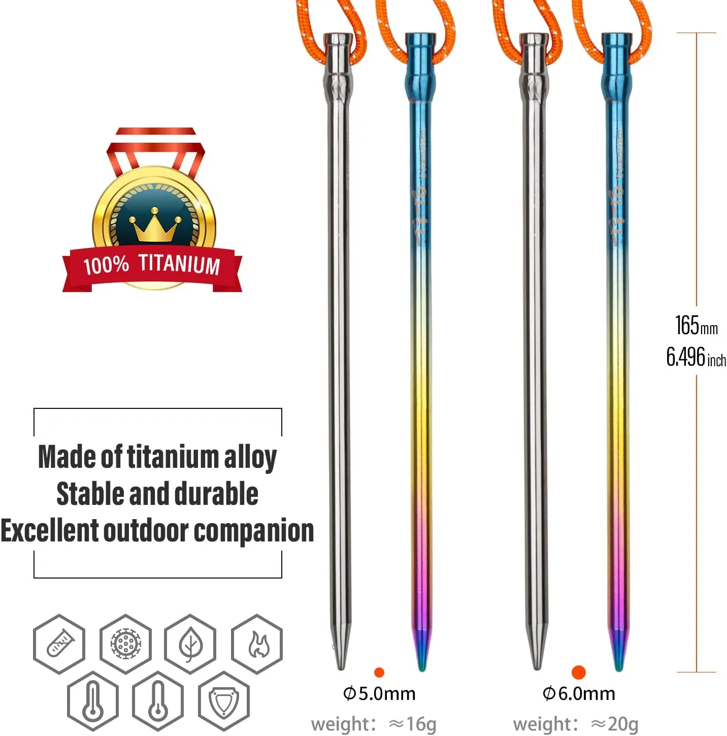 TITO Titanium Outdoor Camping Straight Nail Pegs Stakes with Size 5mm/6mm Pack of 6 (Colorful 5.0×165mm)