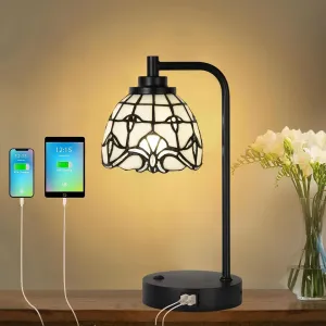 TL0020 Tiffany Table Lamp with 2 USB Charging Ports, Desk Lamp with White Baroque Stained Glass Lamp Shade, Retro Nightstand H 14.5" for Bedrooms Office Study, LED Bulbs Included (White)