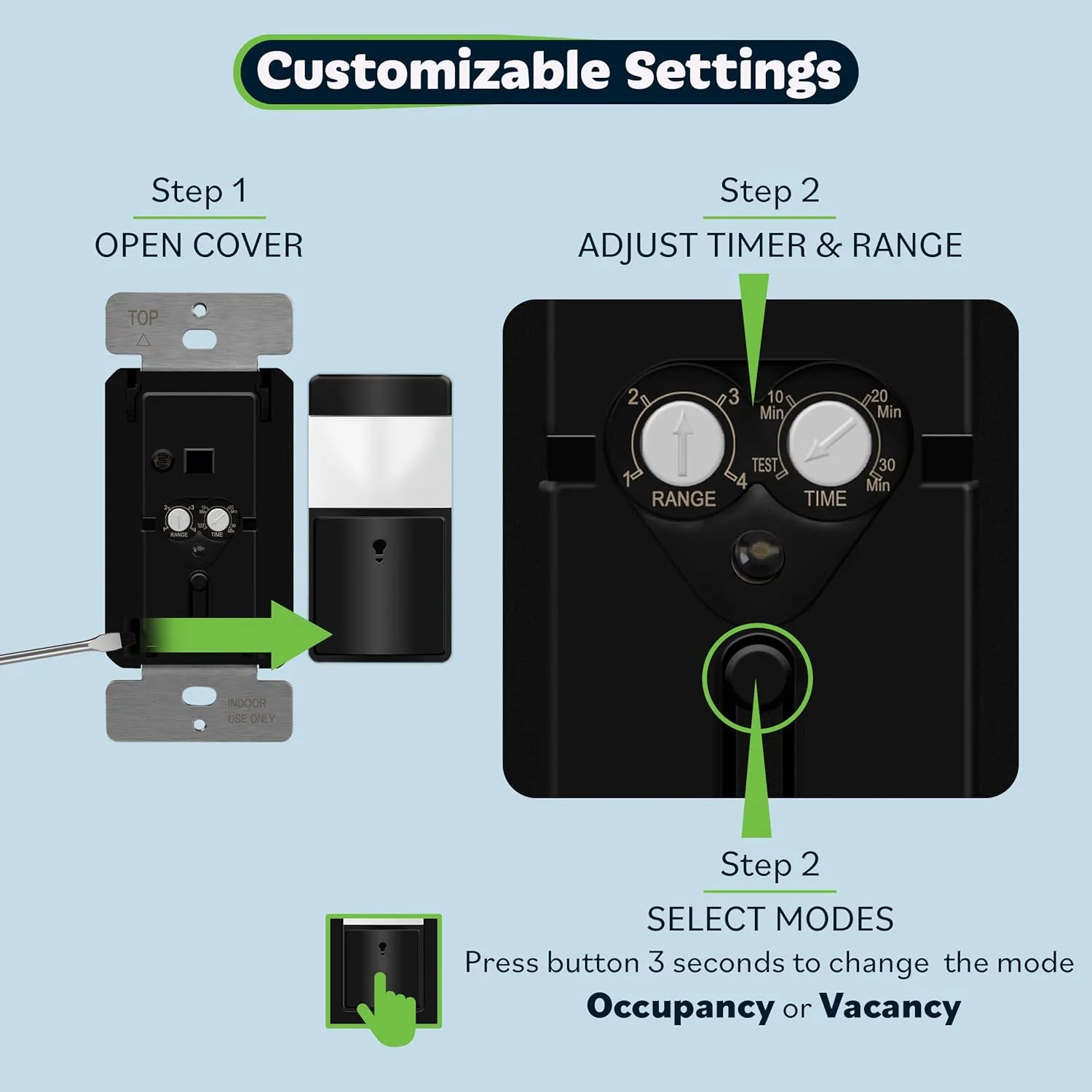 TOPGREENER Motion Sensor Switch, PIR Sensor with Ambient Light Level, Occupancy & Vacancy Modes, No Neutral Required, Ground Wire Required, 5A 150W LED/CFL Single Pole, TDOS5-JM-BK-2PCS, Black, 2 pack