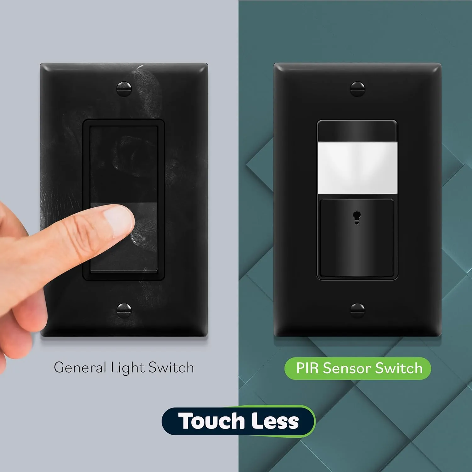 TOPGREENER Motion Sensor Switch, PIR Sensor with Ambient Light Level, Occupancy & Vacancy Modes, No Neutral Required, Ground Wire Required, 5A 150W LED/CFL Single Pole, TDOS5-JM-BK-2PCS, Black, 2 pack
