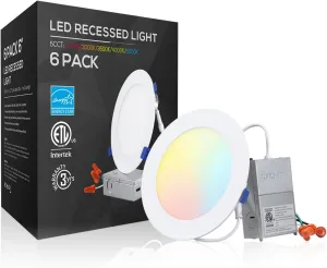 TORCHSTAR 5CCT 6 Inch Slim LED Recessed Lighting with Junction Box, CRI90 Dimmable 12W Ultra-Thin LED Recessed Light, 2700K-5000K Selectable, 1000LM Downlight, ETL & Energy Star, Pack of 6