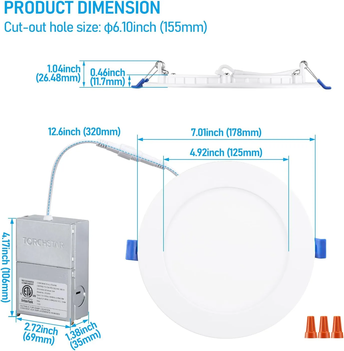 TORCHSTAR 6 Inch Slim LED Recessed Lighting with Junction Box, CRI90 Aluminum Dimmable 12W Ultra-Thin Recessed Light, 5000K Daylight, 1100LM Basic Series LED Downlight, ETL & ES & FCC, Pack of 6