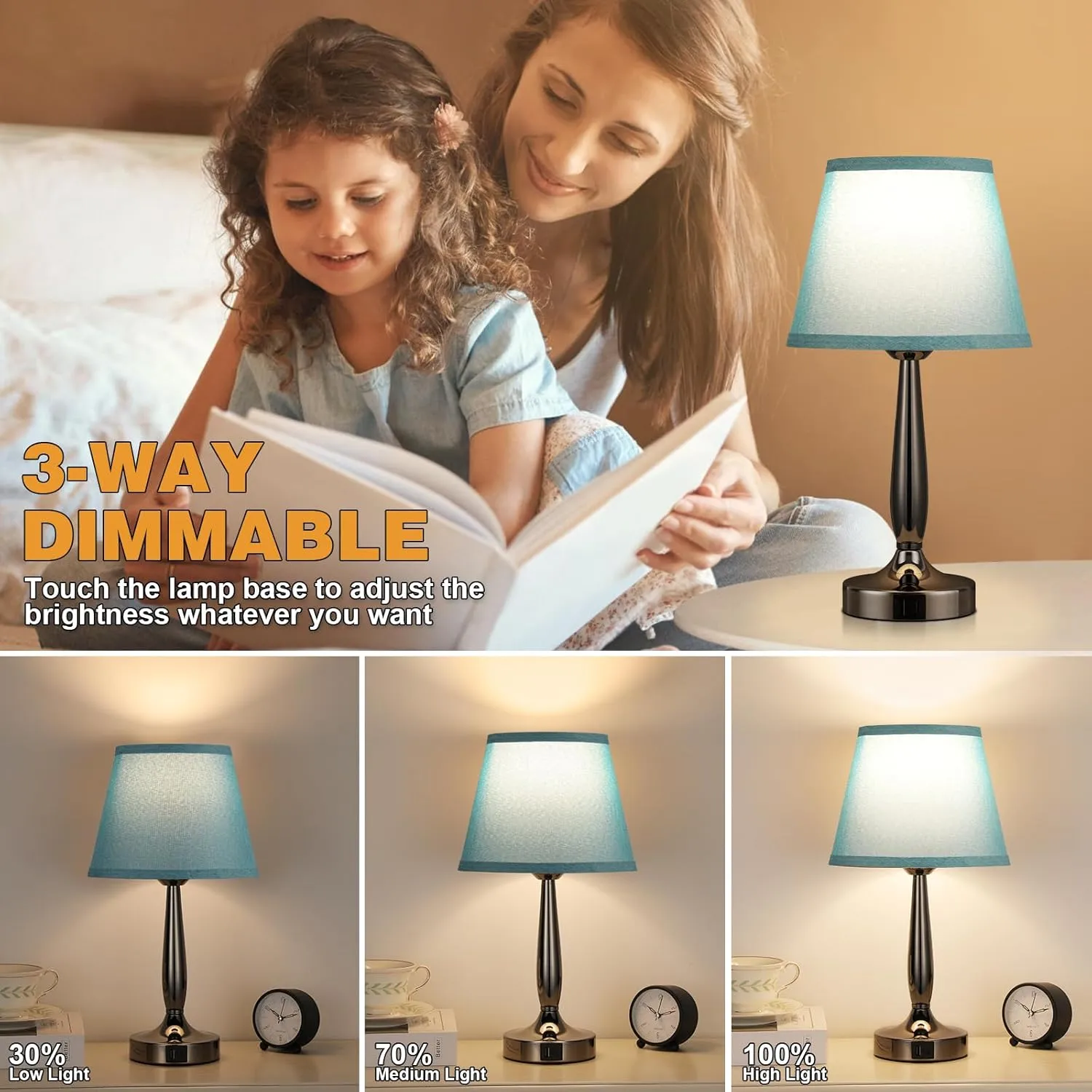 Touch Bedside Lamp for Bedroom with USB C Port, Small Touch Table Lamp with 2 USB Charging Ports, 3 Way Dimmable Nightstand Lamp for Living Room and Office - Turquoise Blue (LED Bulb Included)